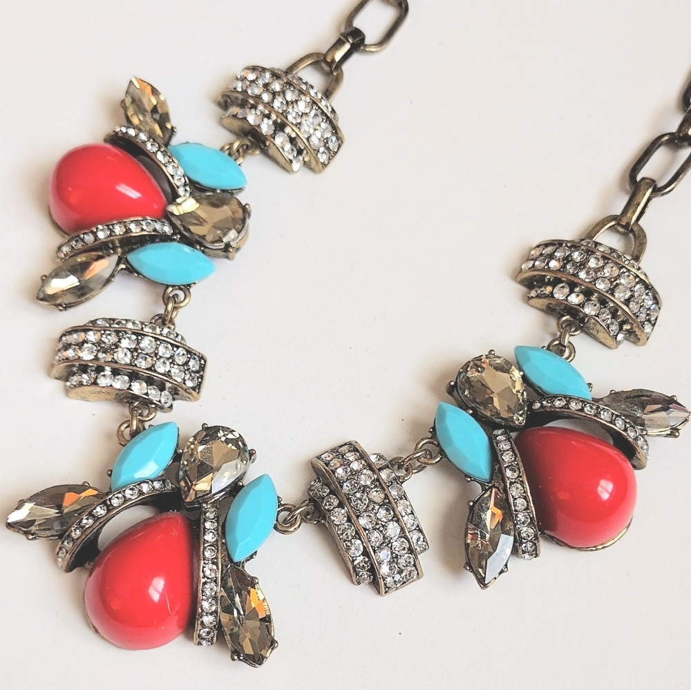 ❤️ J Crew Red Turquoise Bubble Bee Rhinestone Statement Bib Collar Necklace - Picture 4 of 6